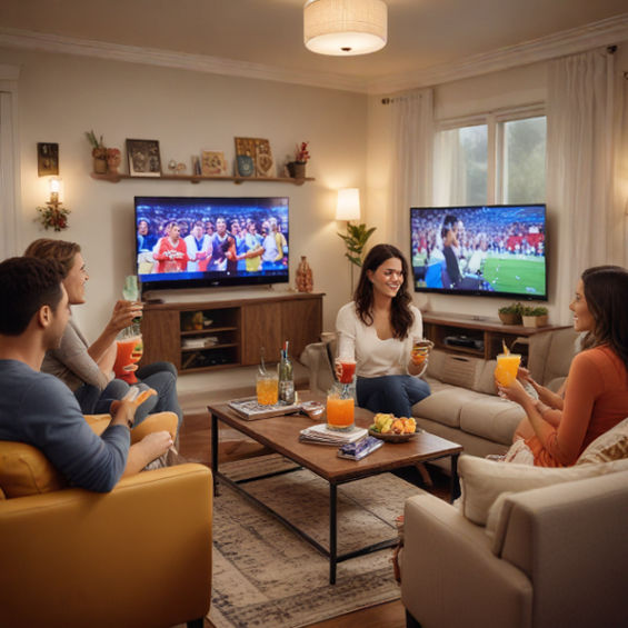 A cozy living room scene featuring friends enjoying colorful cocktails while watching a sports event on TV.