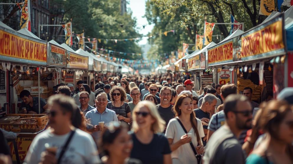 Smiling people enjoying food festival outdoors in NYC with colorful banners.