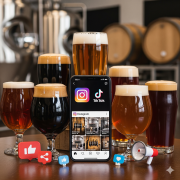 A visually engaging photo featuring craft beer glasses and brewing equipment artfully arranged around a smartphone displaying the Instagram and TikTok logos.