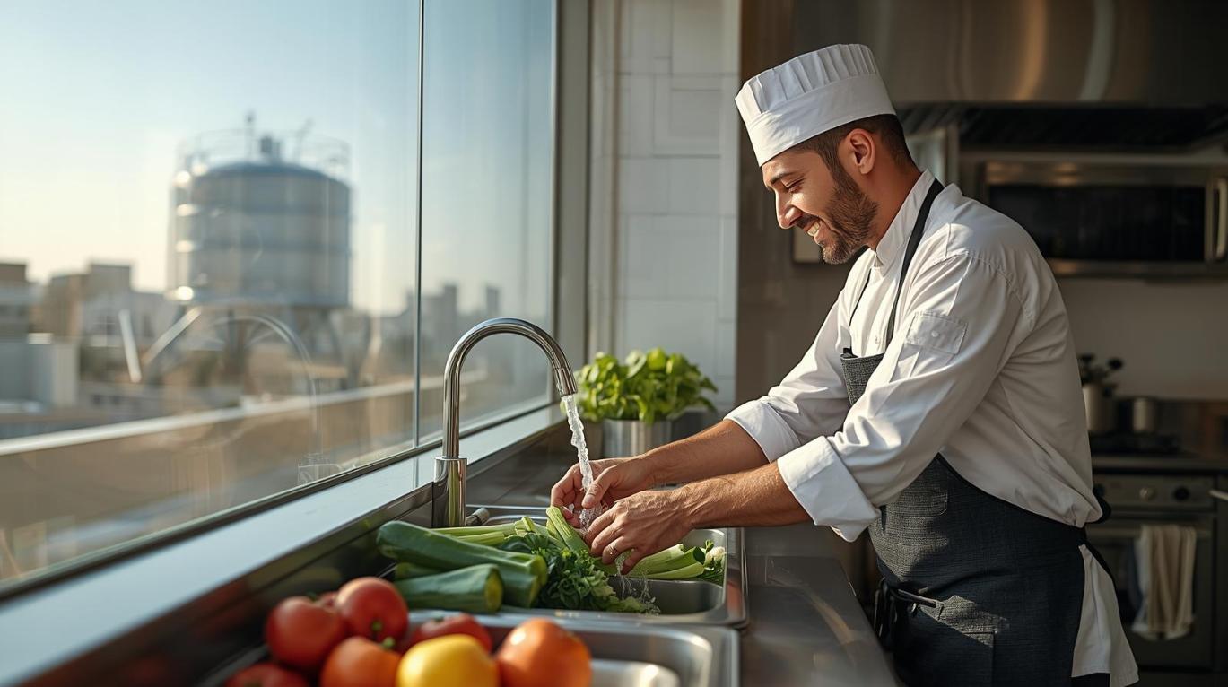 Chef washing vegetables in bright cafe kitchen with rooftop tank visible.
