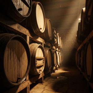 Wooden barrels stacked in a dimly lit brewery cellar