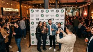 A stylish NYC brewery launch party with a professionally printed step and repeat backdrop
