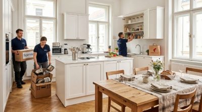 Modern kitchen and dining area in Vienna, professional apartment cleanout team removing clutter and old appliances