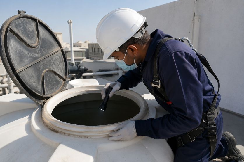 inspecting the inside of a residential rooftop water tank