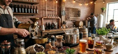A craft beverage creation scene showing fresh ingredients, brewing equipment, handcrafted drinks, and a cozy modern beverage workspace.