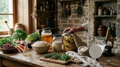 Artisan food and beverage preparation showing fermentation jars, fresh ingredients, bread dough, and a scientific-style close-up of microorganisms represented subtly  in a rustic kitchen setting